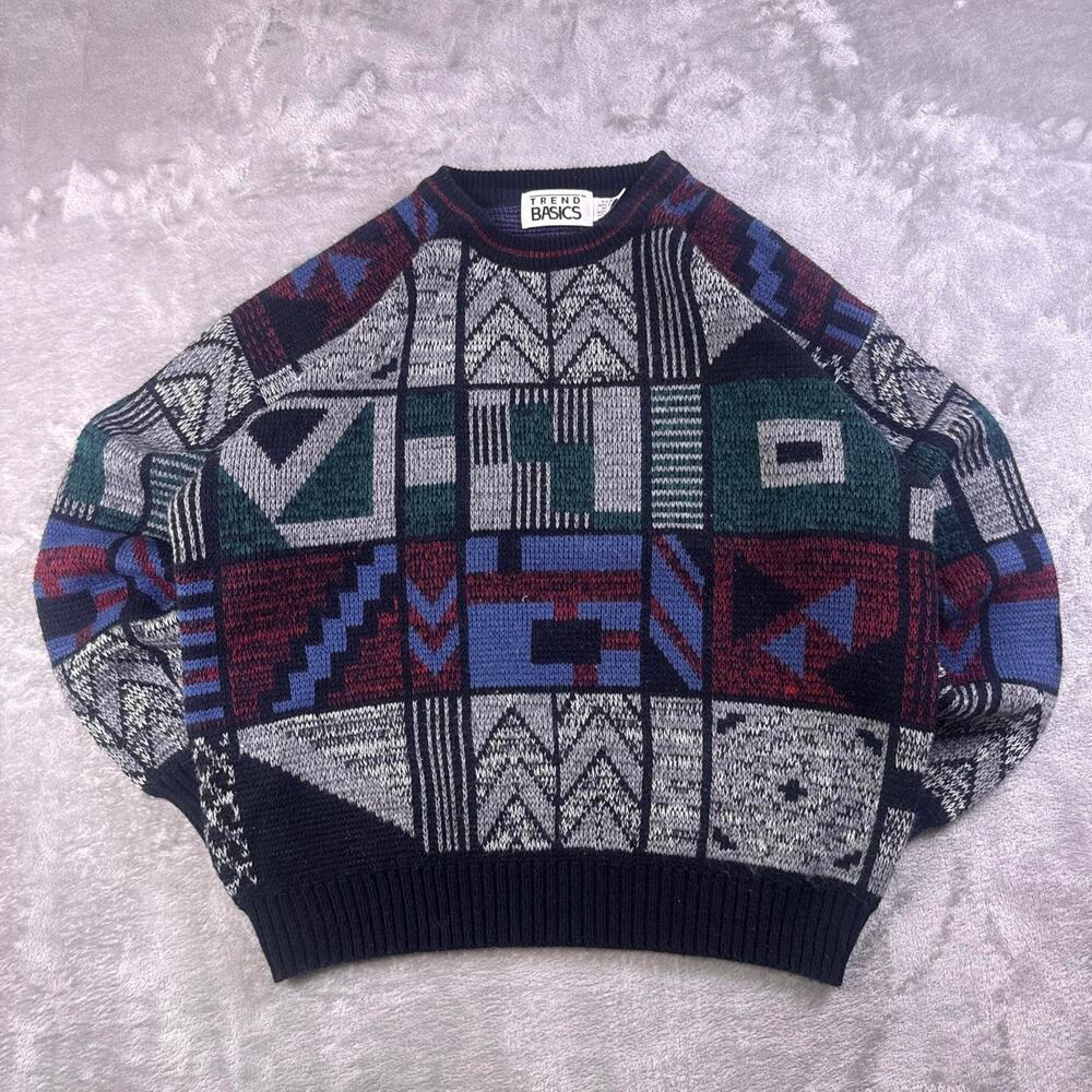 VTG 90s Trend Basics Sweater Men’s XL Geometric Abstract Grandpa Knit Multicolor